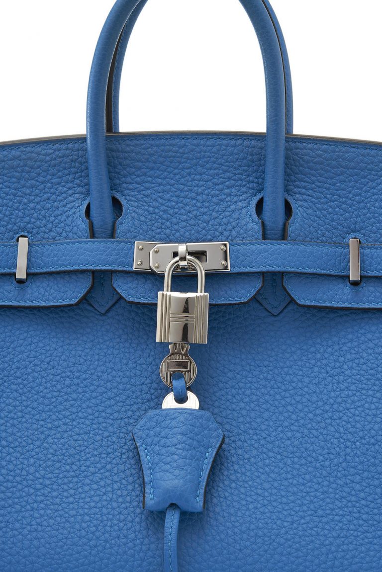 Hermès Birkin 25 Togo Bleu Zanzibar Saclàb Detail Open Logo hardware Shiny Palladium New Keys Lock