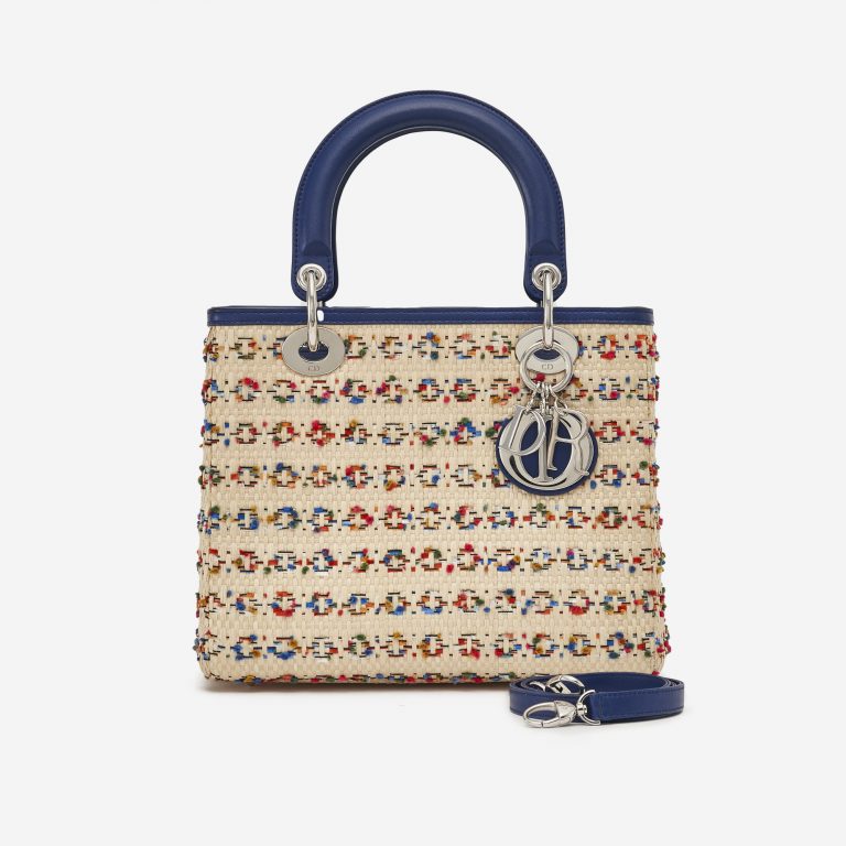 Dior Lady Medium Leather Wicker Blue Beige Front SACLÀB
