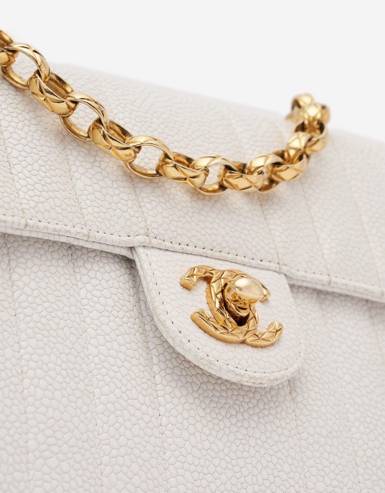 Vintage Chanel Timeless Mini Caviar White Handbag Gold Hardware