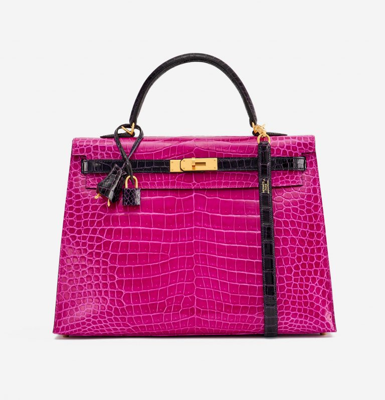 Frontside of a pre-loved Hermès Kelly 35 HSS Crocodile Porosus Rose Scheherazade / Aubergine on SACLÀB