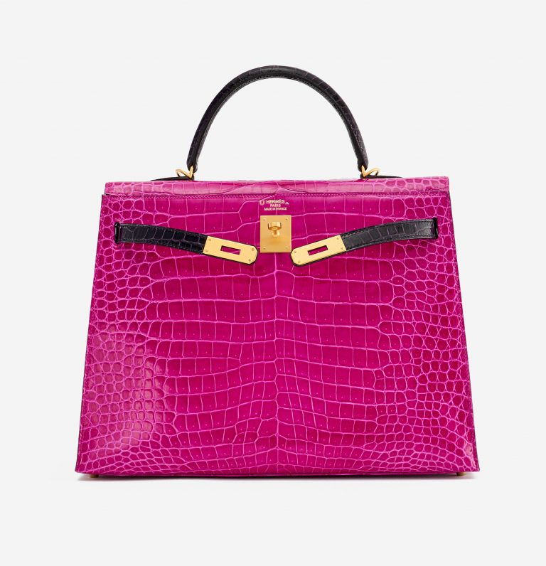 Open frontside of a pre-loved Hermès Kelly 35 HSS Crocodile Porosus Rose Scheherazade / Aubergine on SACLÀB
