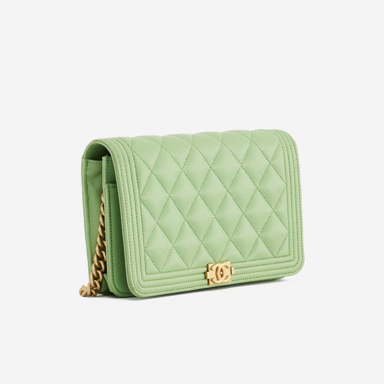 Frontside of a pre-loved Chanel Boy Wallet on Chain Lambskin in Light Green on SACLÀB