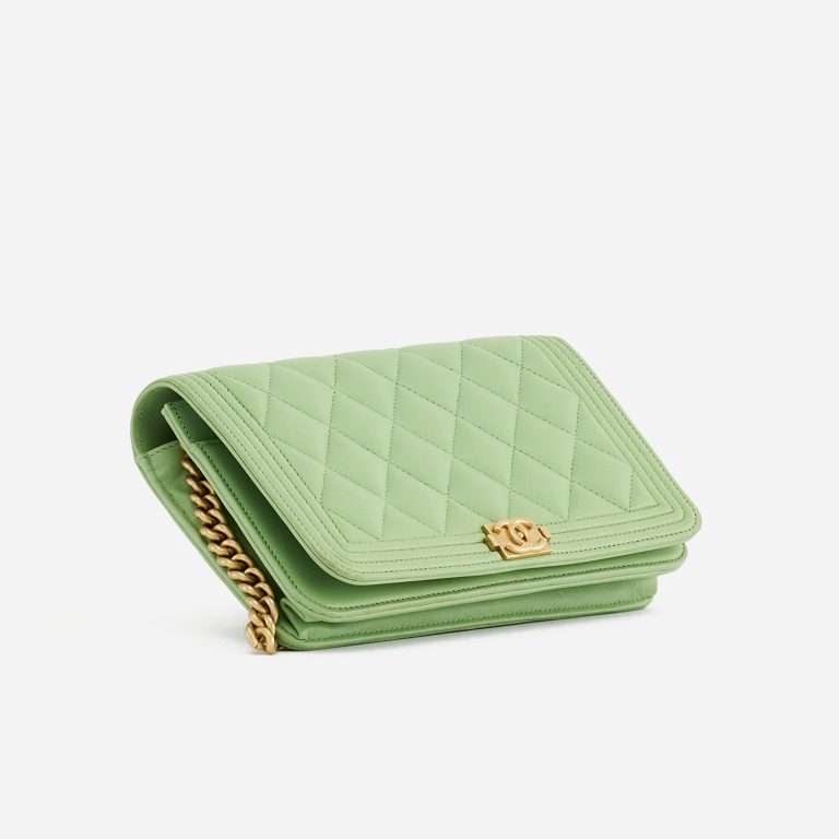 Bottom Perspective of a pre-loved Chanel Boy Wallet on Chain Lambskin in Light Green on SACLÀB