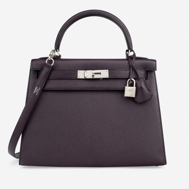 Hermès Kelly 28 HSS Brushed PHW Chevre Raisin / Black
