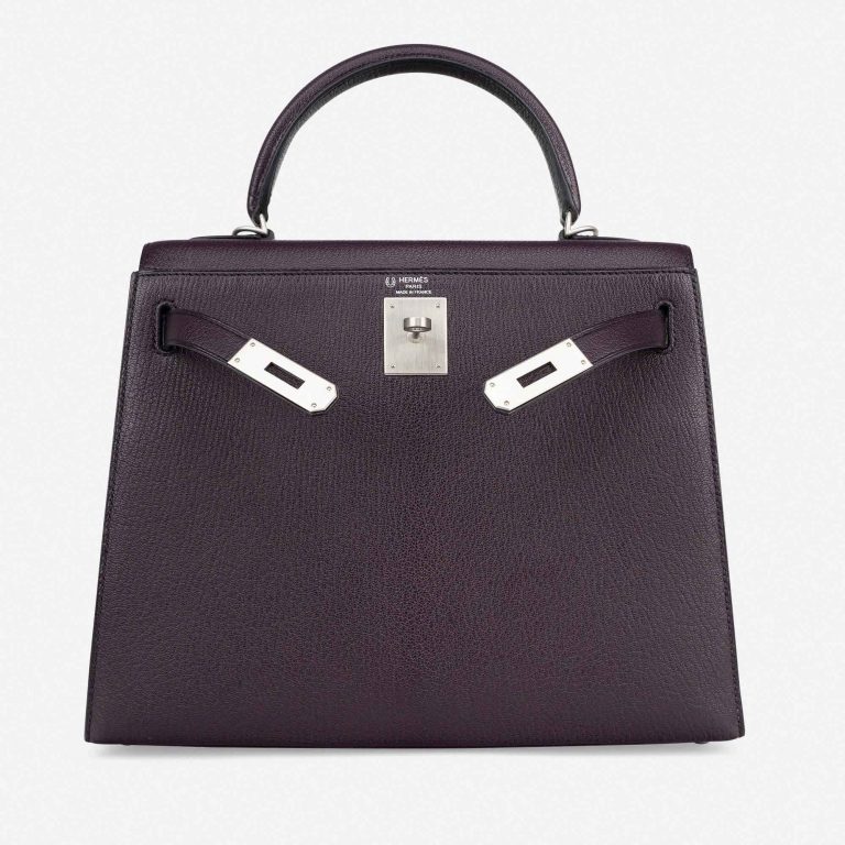 Hermès Kelly 28 HSS Brushed PHW Chevre Raisin / Black