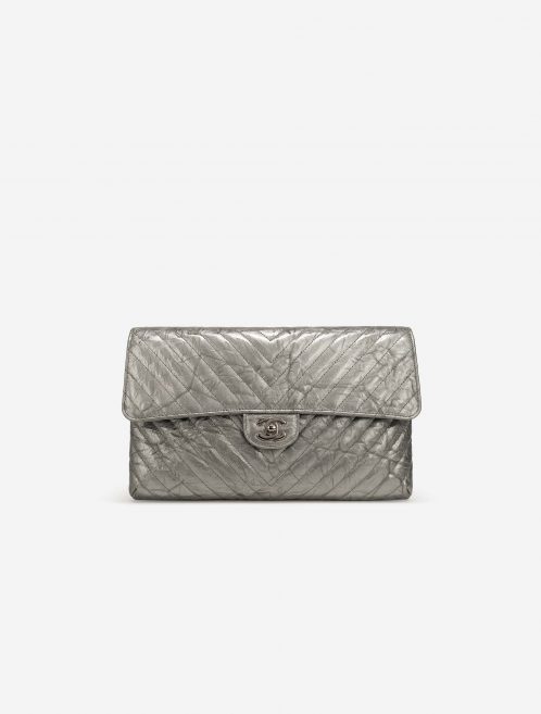 Chanel Timeless Clutch Lamb Chevron Silver
