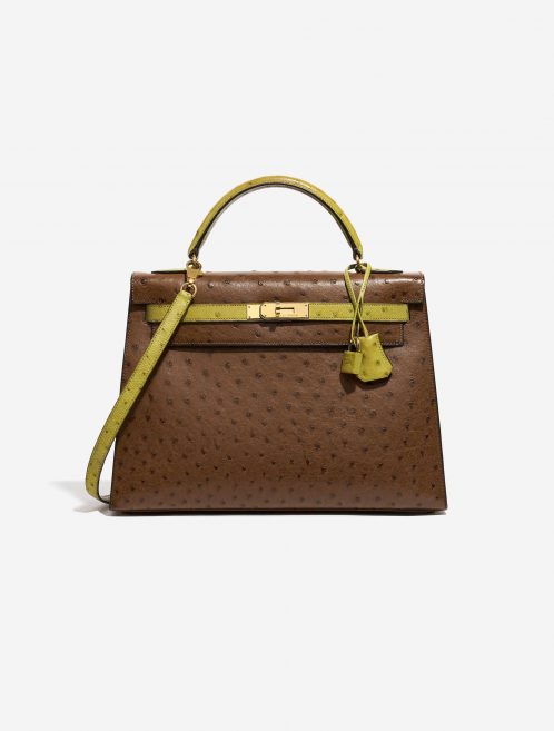 Pre-owned Hermès bag Kelly 32 Ostrich Marron / Vert Anis Brown, Green Front | Sell your designer bag on Saclab.com