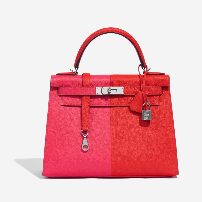 Pre-owned Hermès bag Kelly 28 Epsom Rose Extreme / Rouge de Coeur / Blue Zanzibar Rose Front | Sell your designer bag on Saclab.com