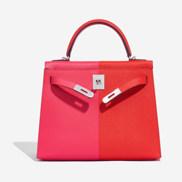 Pre-owned Hermès bag Kelly 28 Epsom Rose Extreme / Rouge de Coeur / Blue Zanzibar Rose Front Open | Sell your designer bag on Saclab.com