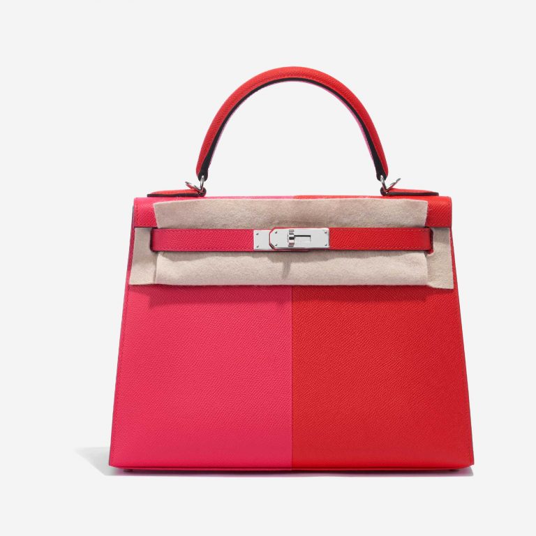 Pre-owned Hermès bag Kelly 28 Epsom Rose Extreme / Rouge de Coeur / Blue Zanzibar Rose Front Velt | Sell your designer bag on Saclab.com