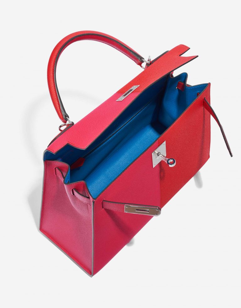 Pre-owned Hermès bag Kelly 28 Epsom Rose Extreme / Rouge de Coeur / Blue Zanzibar Rose Inside | Sell your designer bag on Saclab.com