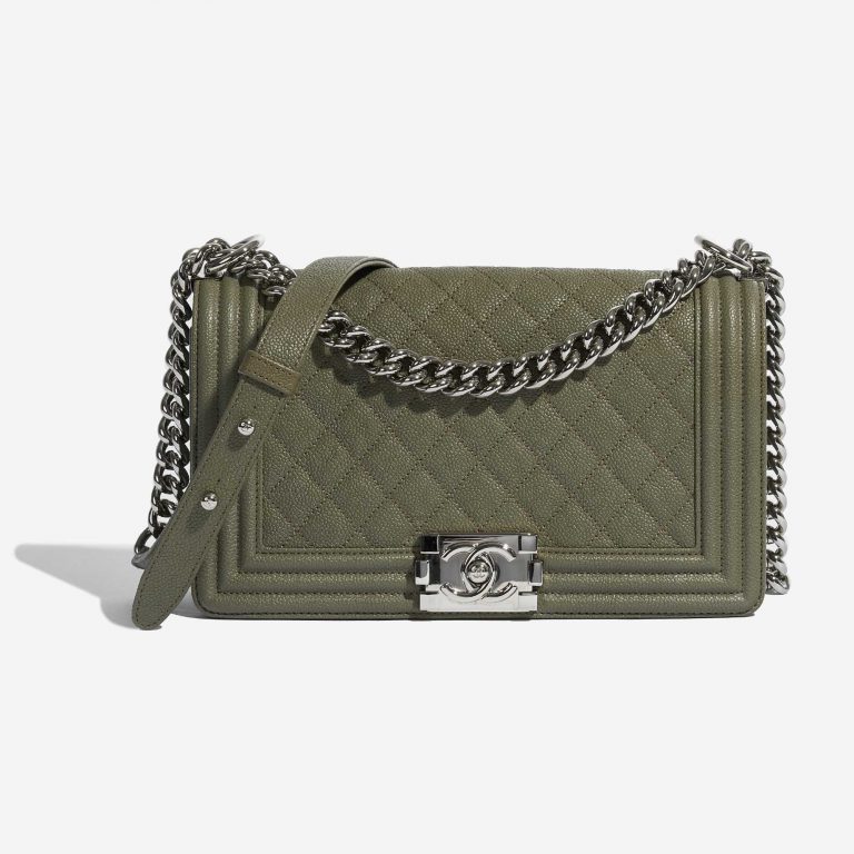 Pre-owned Chanel bag Boy Old Medium Caviar Khaki Green Front | Sell your designer bag on Saclab.com