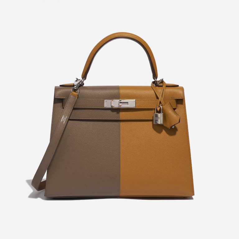 Pre-owned Hermès bag Kelly 28 Epsom Etoupe / Sesame / Blue Indigo Brown Front | Sell your designer bag on Saclab.com