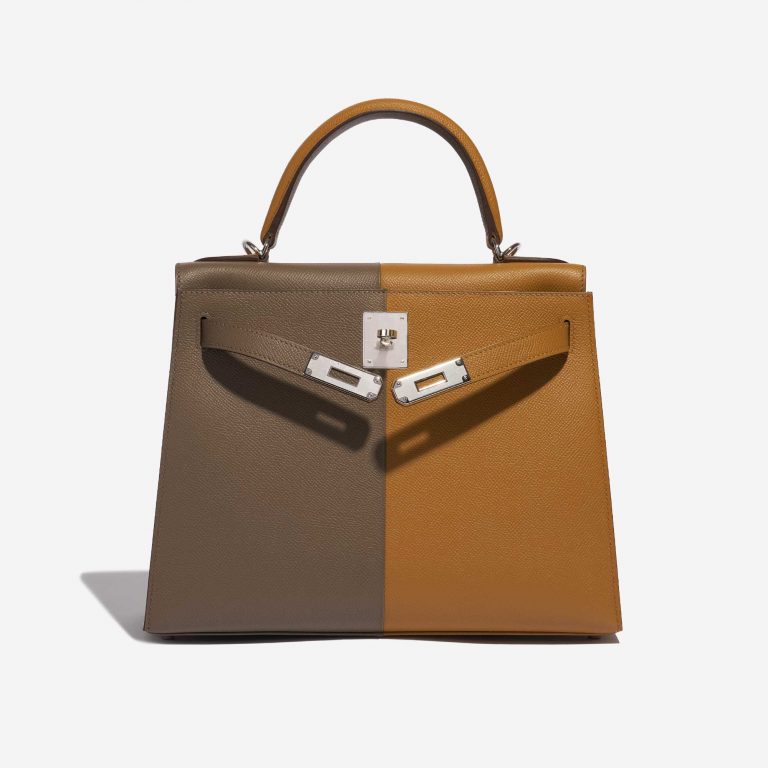 Pre-owned Hermès bag Kelly 28 Epsom Etoupe / Sesame / Blue Indigo Brown Front Open | Sell your designer bag on Saclab.com