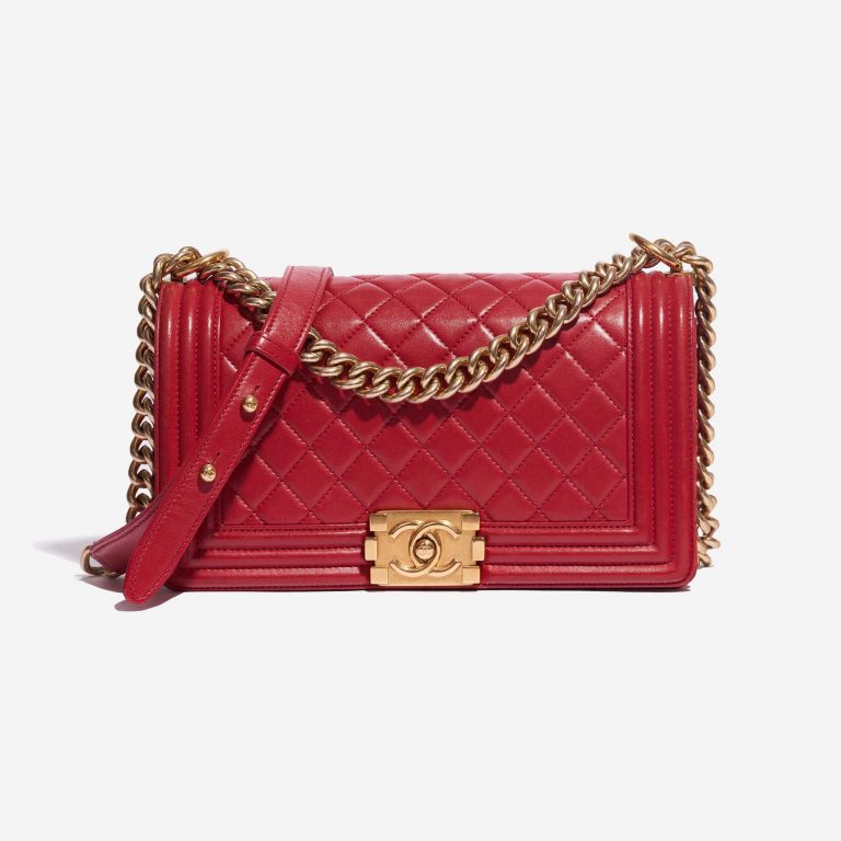 Pre-owned Chanel bag Boy New Medium Lamb Red Red Front | Sell your designer bag on Saclab.com