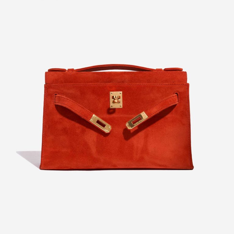 Pre-owned Hermès bag Kelly Pochette Doblis Suede Rouge Vif Red Front Open | Sell your designer bag on Saclab.com