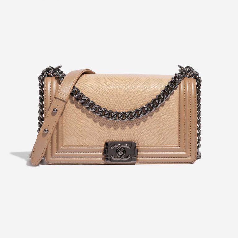 Pre-owned Chanel bag Boy Old Medium Lizard Niloticus / Lamb Gold / Natural Beige, Gold Front | Sell your designer bag on Saclab.com