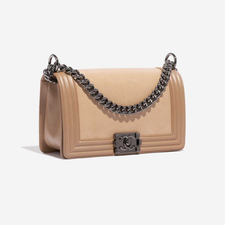 Pre-owned Chanel bag Boy Old Medium Lizard Niloticus / Lamb Gold / Natural Beige, Gold Side Front | Sell your designer bag on Saclab.com