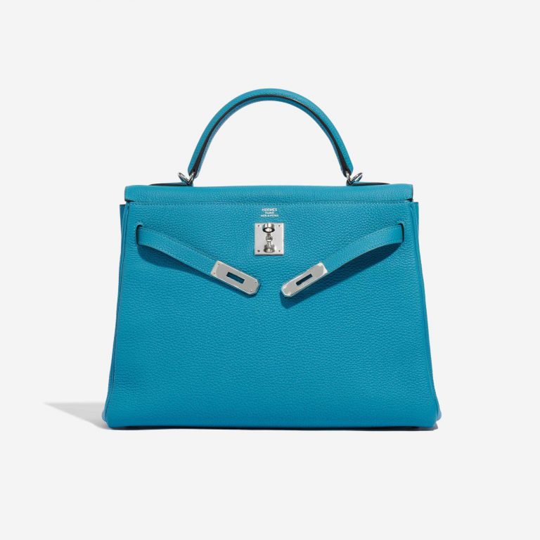 Pre-owned Hermès bag Kelly 32 Togo Blue Izmir Blue Front Open | Sell your designer bag on Saclab.com