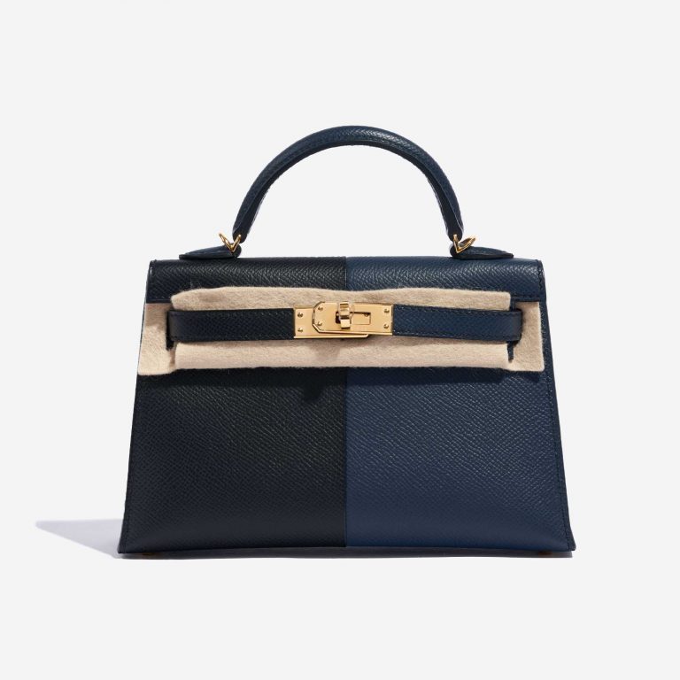 Pre-owned Hermès bag Kelly Mini Epsom Blue Indigo / Black / Rouge Casaque Black, Blue Front Velt | Sell your designer bag on Saclab.com