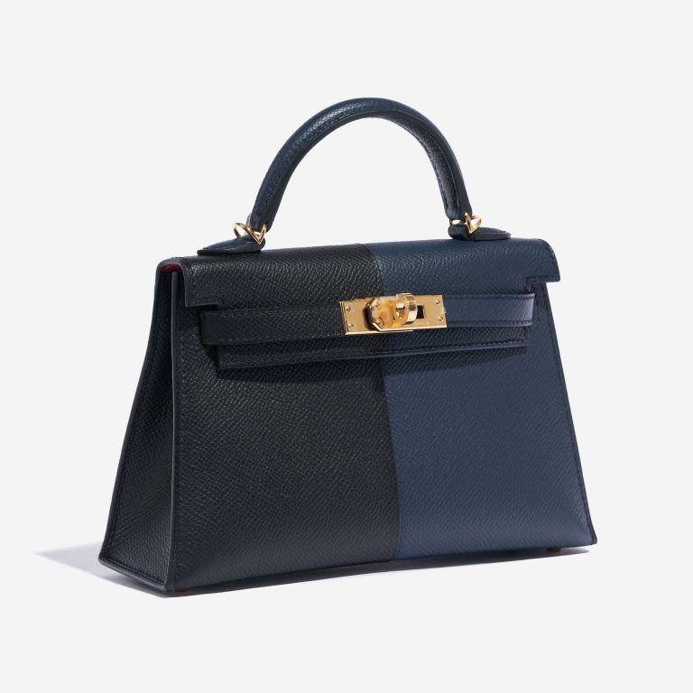 Pre-owned Hermès bag Kelly Mini Epsom Blue Indigo / Black / Rouge Casaque Black, Blue Side Front | Sell your designer bag on Saclab.com