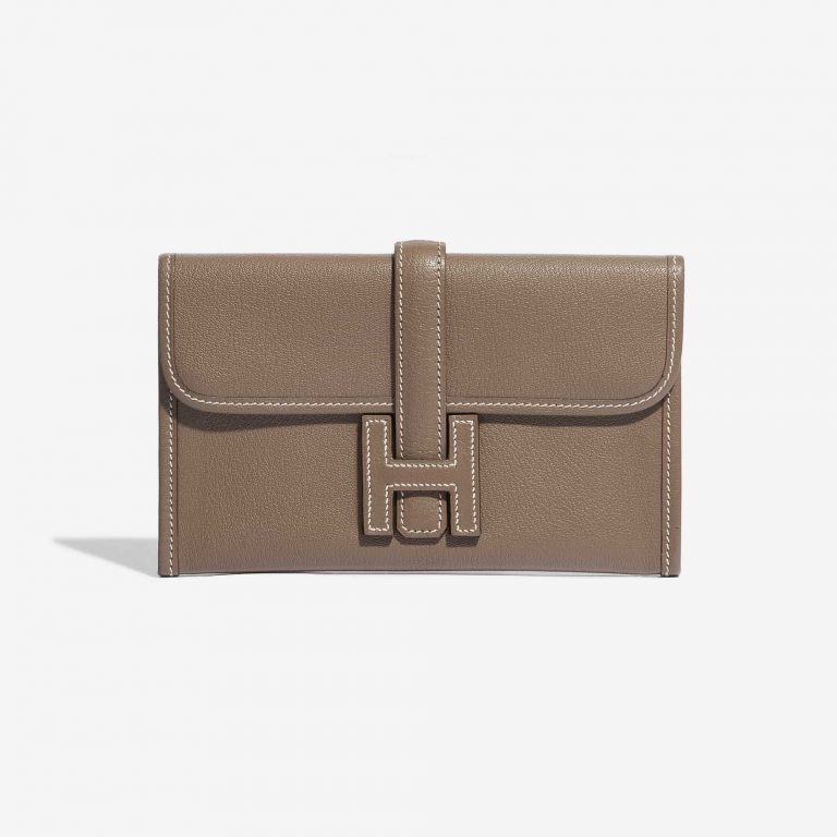 Pre-owned Hermès bag Jige Clutch Mini Chevre Etoupe Brown Front | Sell your designer bag on Saclab.com