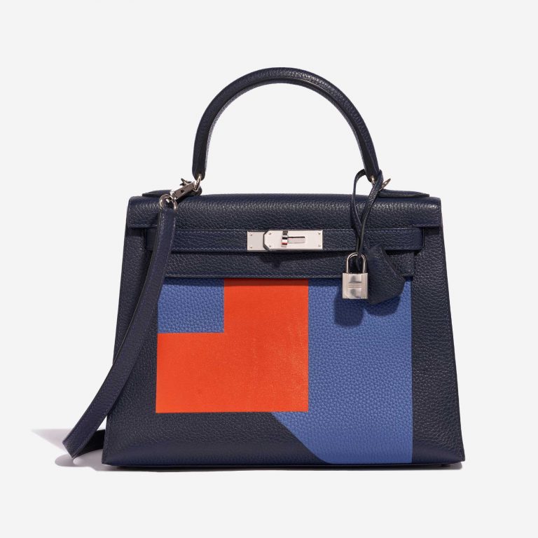 Pre-owned Hermès bag Kelly 28 Lettre R Clemence / Tadelakt Blue Nuit / Blue Brighton / Terre Battue Blue, Multicolour Front | Sell your designer bag on Saclab.com