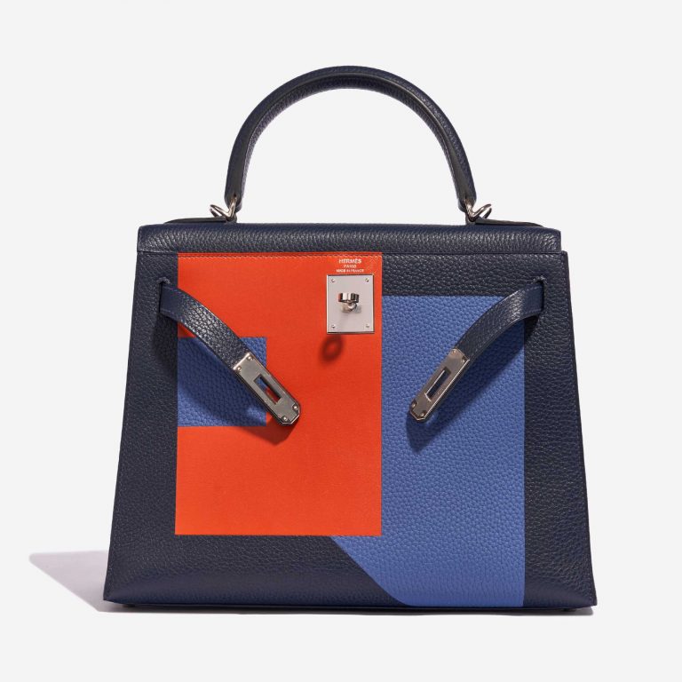 Pre-owned Hermès bag Kelly 28 Lettre R Clemence / Tadelakt Blue Nuit / Blue Brighton / Terre Battue Blue, Multicolour Front Open | Sell your designer bag on Saclab.com