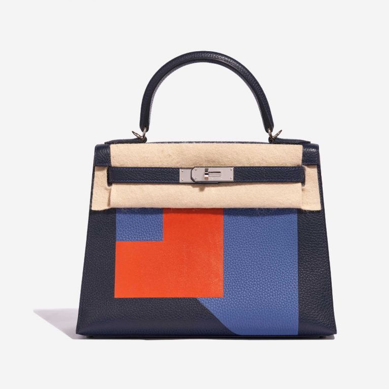 Pre-owned Hermès bag Kelly 28 Lettre R Clemence / Tadelakt Blue Nuit / Blue Brighton / Terre Battue Blue, Multicolour Front Velt | Sell your designer bag on Saclab.com