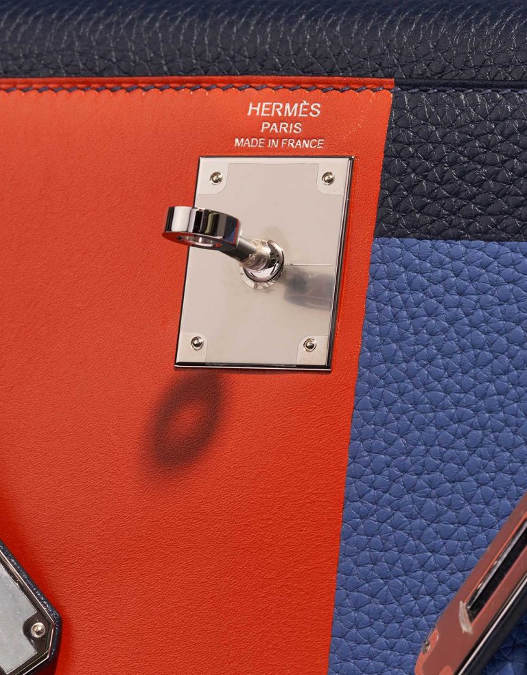 Pre-owned Hermès bag Kelly 28 Lettre R Clemence / Tadelakt Blue Nuit / Blue Brighton / Terre Battue Blue, Multicolour Logo | Sell your designer bag on Saclab.com
