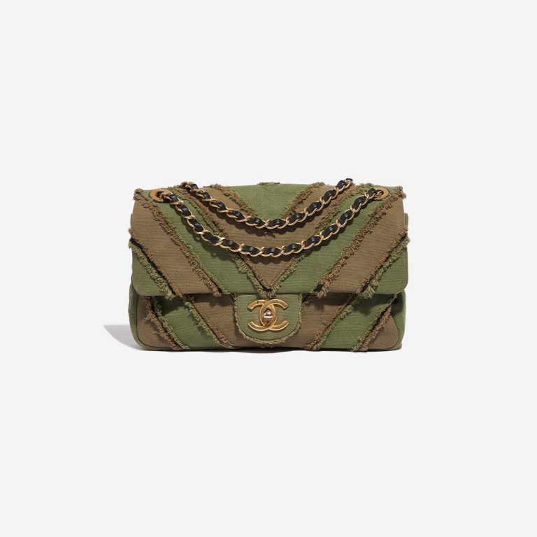 Pre-owned Chanel bag Timeless Medium Chevron Patchwork Canvas Khaki Green Front | Sell your designer bag on Saclab.com