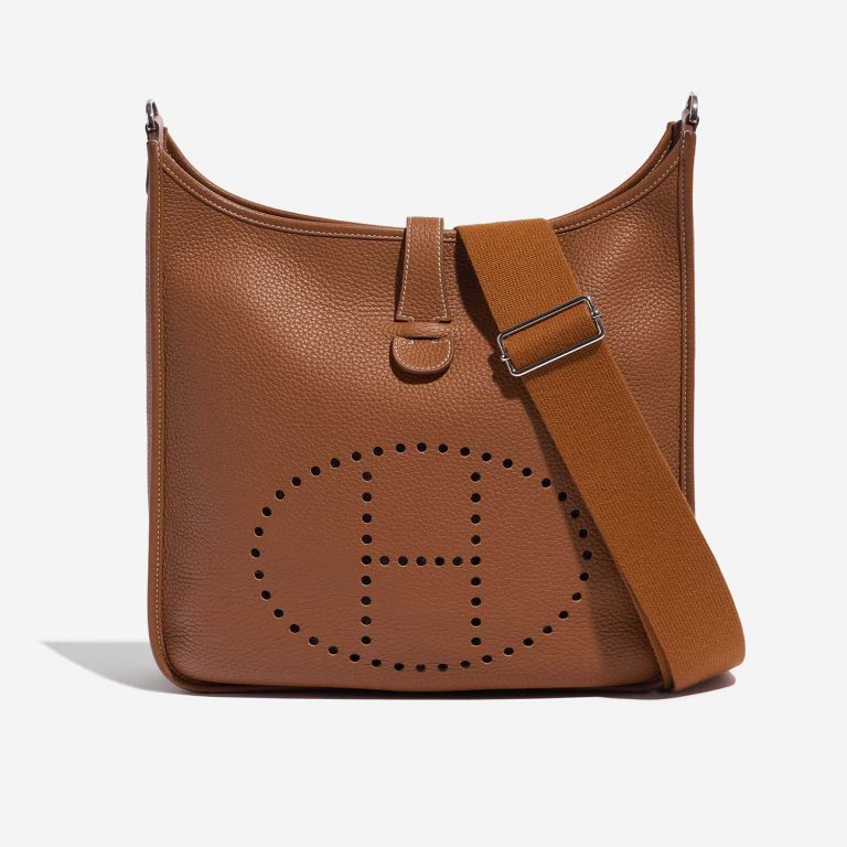 Pre-owned Hermès bag Evelyne 33 Taurillon Clemence Gold Brown Front | Sell your designer bag on Saclab.com