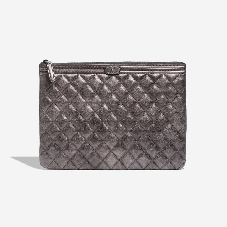 Pre-owned Chanel bag Boy Clutch Lamb Grey Metallic Grey Front | Sell your designer bag on Saclab.com