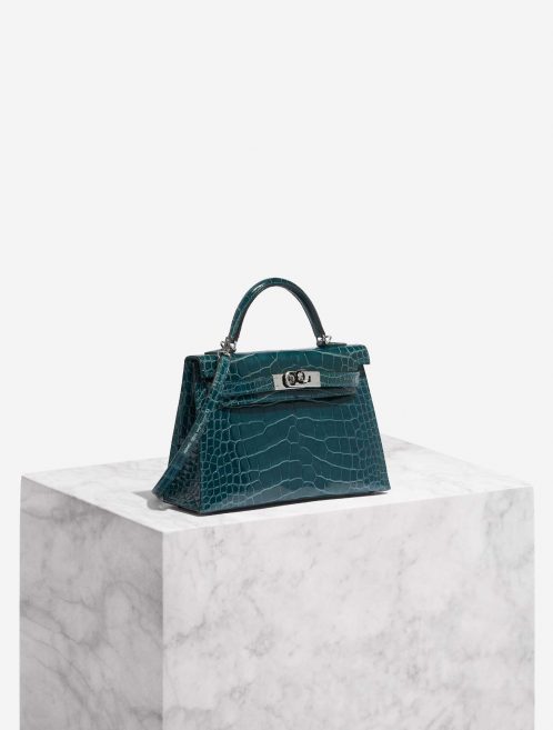Pre-owned Hermès bag Kelly Mini Alligator Vert Bosphore Blue Side Front | Sell your designer bag on Saclab.com