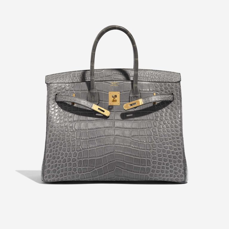 Pre-owned Hermès bag Birkin 35 Matte Alligator Graphite Grey Front Open | Sell your designer bag on Saclab.com
