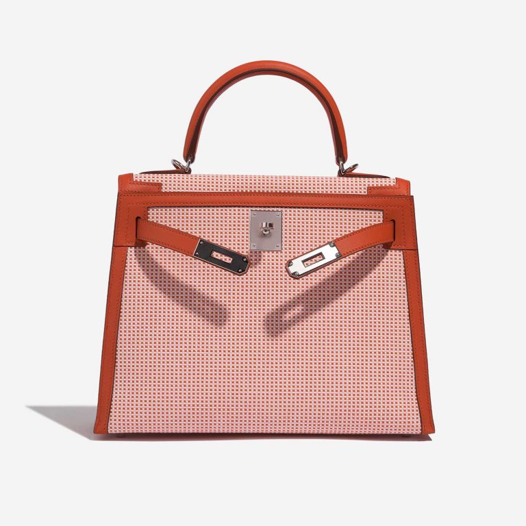 Pre-owned Hermès bag Kelly 28 Toile Quadrille / Swift Terre Battue / Mauve Sylvestre / Blanc Red, Rose, White Front Open | Sell your designer bag on Saclab.com