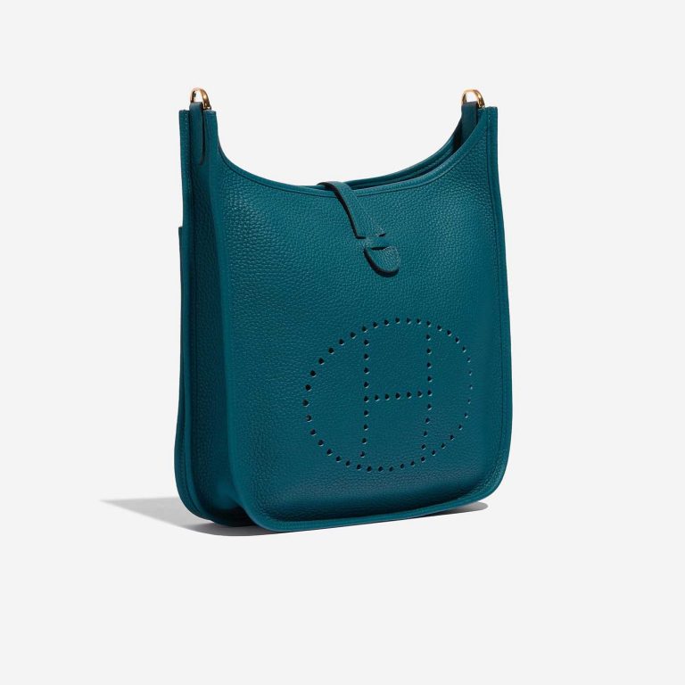 Pre-owned Hermès bag Evelyne 29 Taurillon Clemence Vert Bosphore Green Side Front | Sell your designer bag on Saclab.com