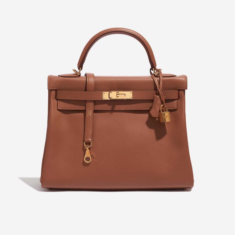Pre-owned Hermès bag Kelly HSS 32 Swift Gold / Apricot Brown Front | Sell your designer bag on Saclab.com