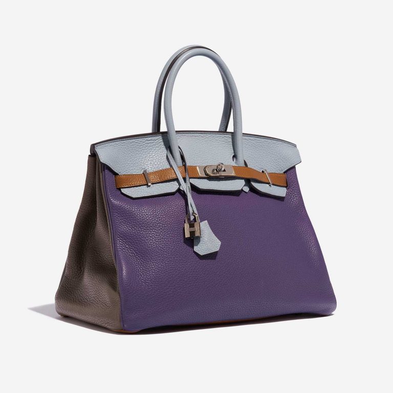 Pre-owned Hermès bag Birkin Harlequin 35 Clemence Ultra Violet / Etain / Bleu Lin / Bleu Obscur / Etoupe / Gold Multicolour Side Front | Sell your designer bag on Saclab.com