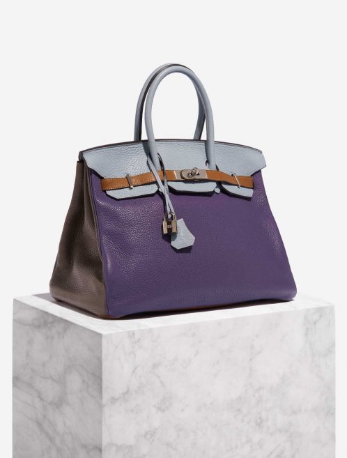 Pre-owned Hermès bag Birkin Harlequin 35 Clemence Ultra Violet / Etain / Bleu Lin / Bleu Obscur / Etoupe / Gold Multicolour Side Front | Sell your designer bag on Saclab.com