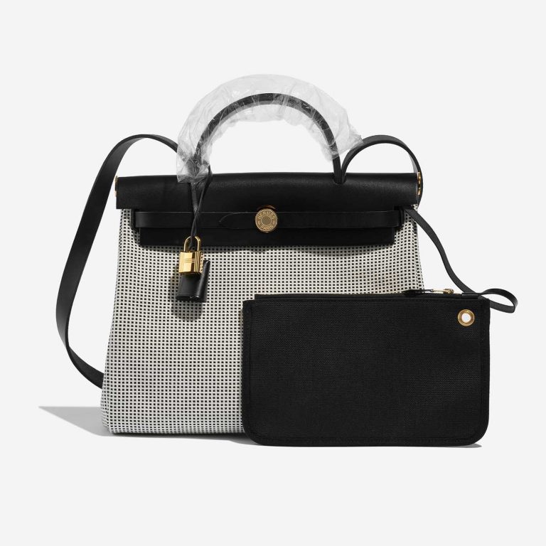 Pre-owned Hermès bag Herbag 31 Vache Hunter / Toile Quadrille Viking Black / White / Ecru Black, White Front | Sell your designer bag on Saclab.com