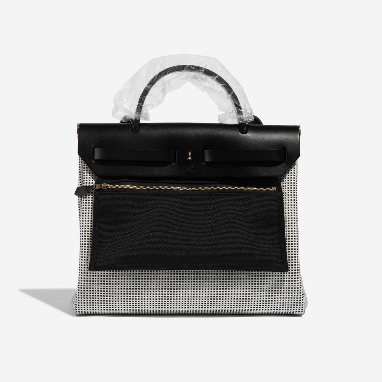 Pre-owned Hermès bag Herbag 31 Vache Hunter / Toile Quadrille Viking Black / White / Ecru Black, White Back | Sell your designer bag on Saclab.com