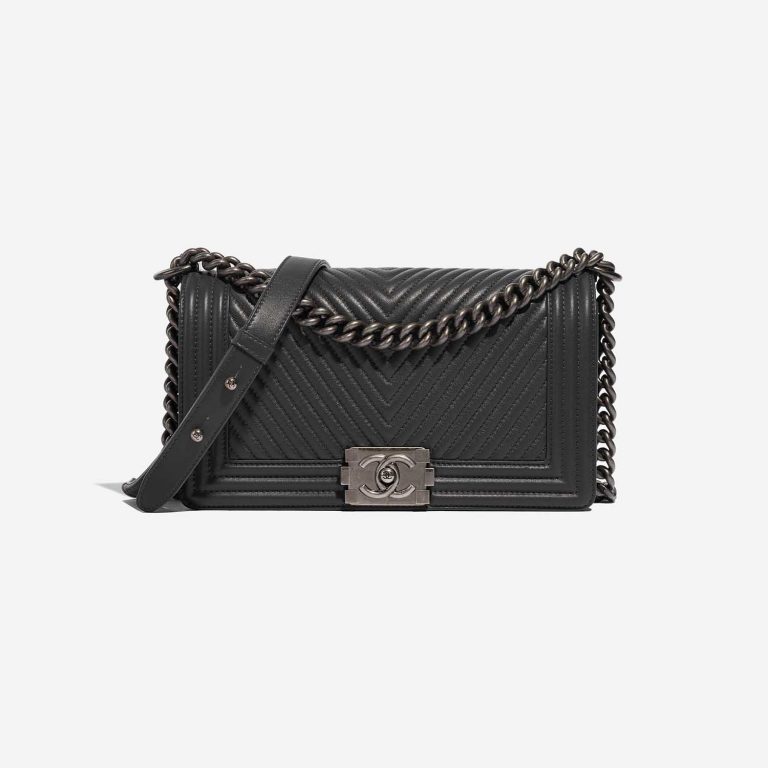Pre-owned Chanel bag Boy Old Medium Lamb Dark Grey Grey Front | Sell your designer bag on Saclab.com