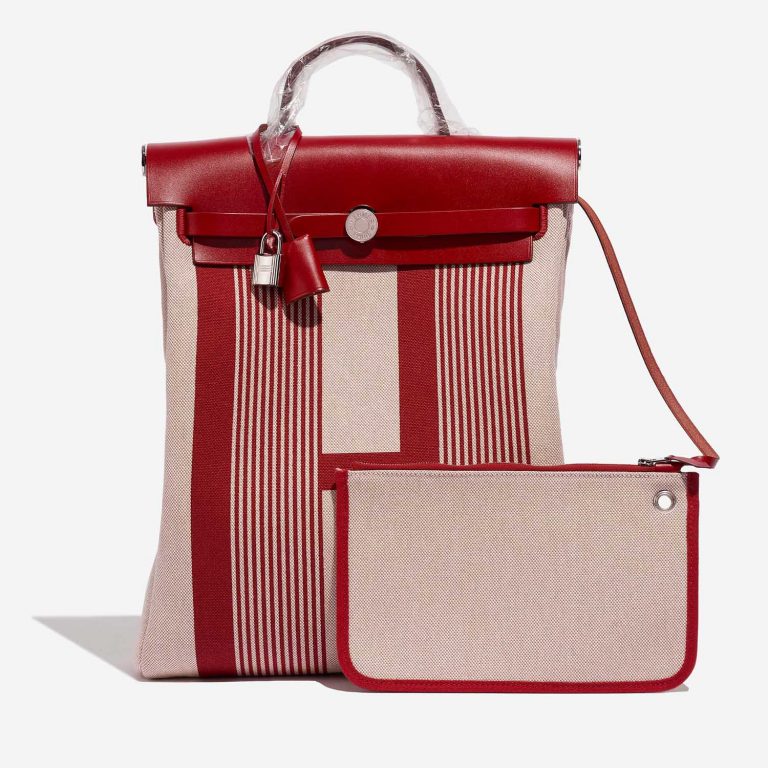 Pre-owned Hermès bag Herbag Backpack Vache Hunter / Toile Bordeaux / Ecru / Beige / Piment Beige, Red Front | Sell your designer bag on Saclab.com