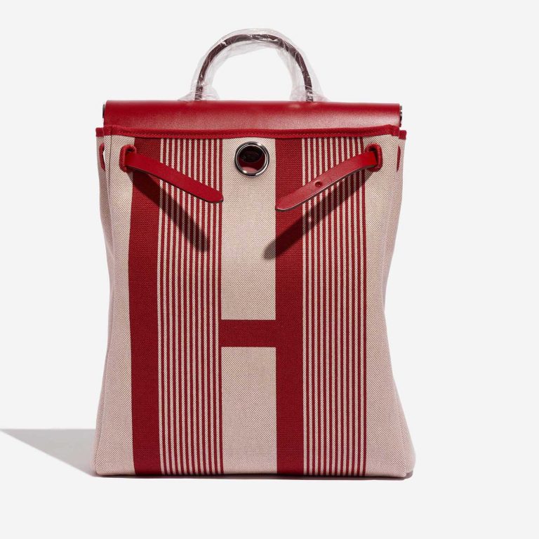 Pre-owned Hermès bag Herbag Backpack Vache Hunter / Toile Bordeaux / Ecru / Beige / Piment Beige, Red Front Open | Sell your designer bag on Saclab.com
