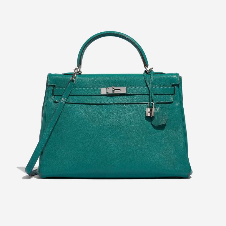 Pre-owned Hermès bag Kelly 35 Chevre Mysore Blue Paon Blue, Green Front | Sell your designer bag on Saclab.com