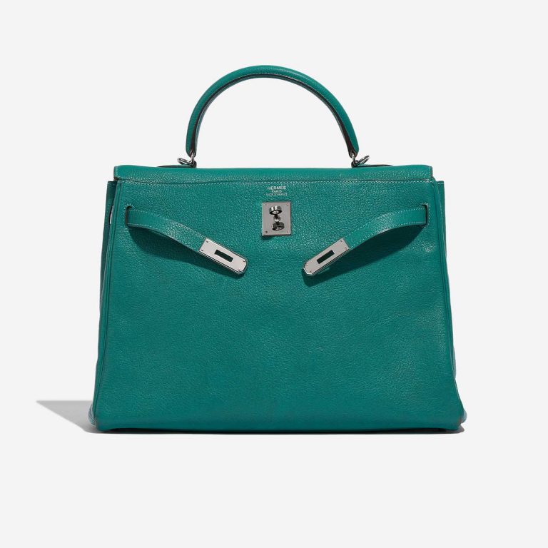 Pre-owned Hermès bag Kelly 35 Chevre Mysore Blue Paon Blue, Green Front Open | Sell your designer bag on Saclab.com