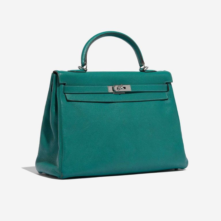 Pre-owned Hermès bag Kelly 35 Chevre Mysore Blue Paon Blue, Green Side Front | Sell your designer bag on Saclab.com