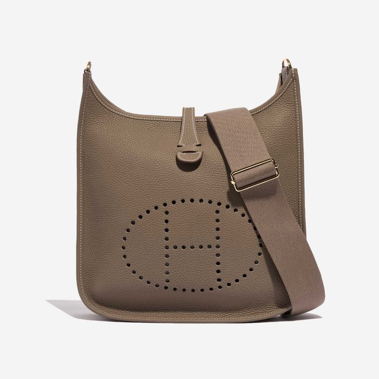 Pre-owned Hermès bag Evelyne 29 Taurillon Clemence Etoupe Brown Front | Sell your designer bag on Saclab.com