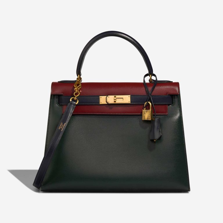Hermès Kelly 28 VertFonce-RougeH-Indigo Front  | Sell your designer bag on Saclab.com
